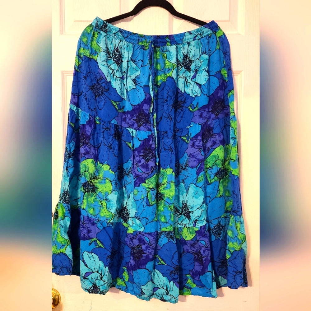 Violet Skies L Boho Tiered Skirt Floral Poppies Rayon Blue Green Purple